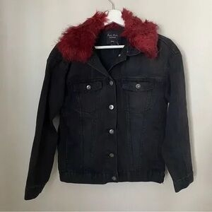 Love Tree Black Denim Jacket with Red Faux Fur Collar